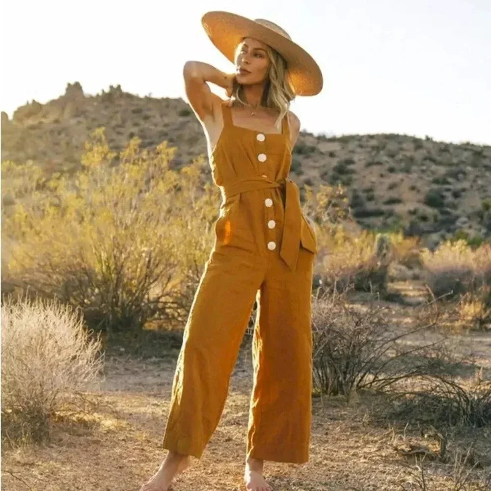 NWT MLL x Splendid Linen Blend Belted Wide Leg Jumpsuit Yellow Womens Small